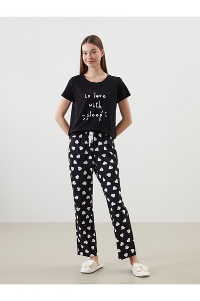 LC Waikiki Lcw Young Black Crew Neck Printed Women's Pajamas Set