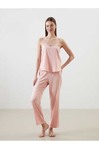 LC Waikiki LCW DREAM Damen-Pyjama-Set aus Satin mit rosa V-Ausschnitt und gep...