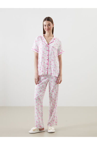 LC Waikiki Ecru shirt collar patterned women's pajama set from gulis clothing