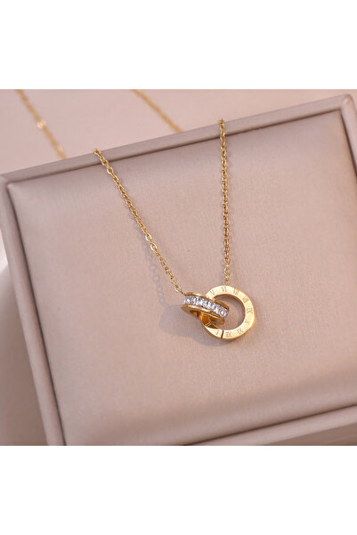 Choice قلادة دائرية من الكريستال باللون الذهبي الفاخر والأنيق بتصميم روماني رقمي من الفولاذ المقاوم للصدأ باللون الذهبي والفضي