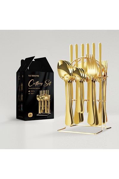 Sunhome 24-Piece Stainless Steel Cutlery Set With Stand Gold