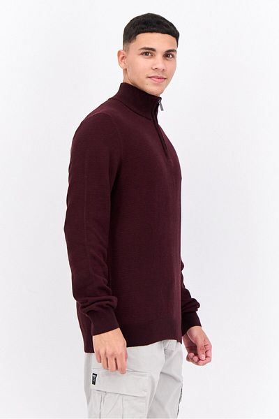Perry Ellis Men Mock Neck Knitted Quarter Zip Long Sleeves Sweater, Maroon