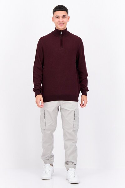 Perry Ellis Men Mock Neck Knitted Quarter Zip Long Sleeves Sweater, Maroon