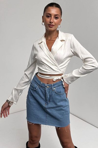 Fav Style Λευκή Crop Μπλούζα - Μακρυμάνικο, Πουκάμισο Γιακά, Λεπτομέρεια με Δαντέλα