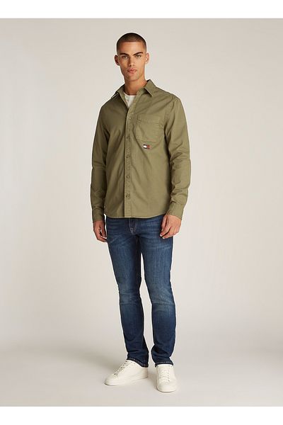 Tommy Jeans Green Plain Men's Shirt - Regular Fit Dm0Dm21107M12 Tjm Reg Washed Twill