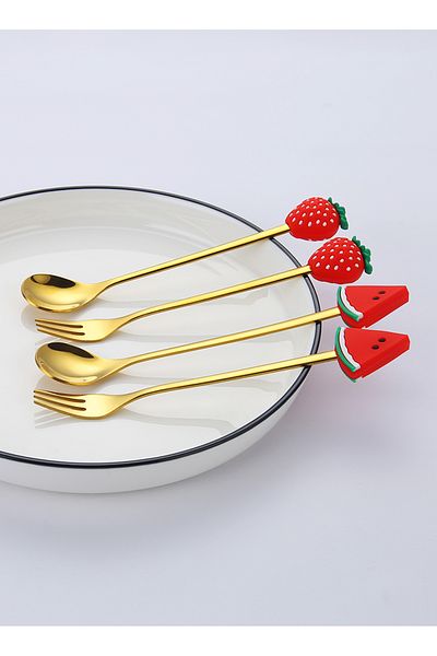 Sunhome 4-Piece Stainless Steel Dessert Fork And Spoon Set Gold