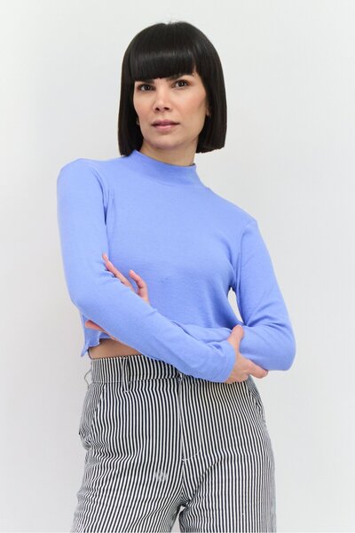 Public Desire Women High Neck Long Sleeves Ribbed Backless Top, Light Blue