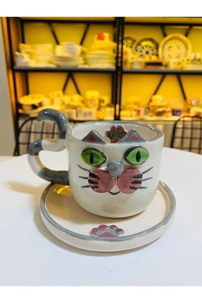 Banuart Handmade Ceramic Coffee Cup with Gray Cat