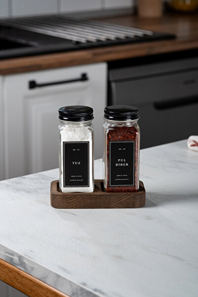 EVLE Set of 2 Glass Spice Rack with Wooden Stand, Black Labeled Spice Rack with Lid