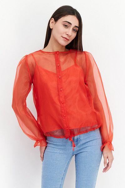 Love Copenhagen Women Round Neck Long Sleeve Textured Top, Red