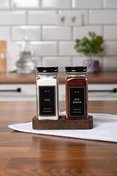 EVLE Set of 2 Glass Spice Rack with Wooden Stand, Black Labeled Spice Rack with Lid