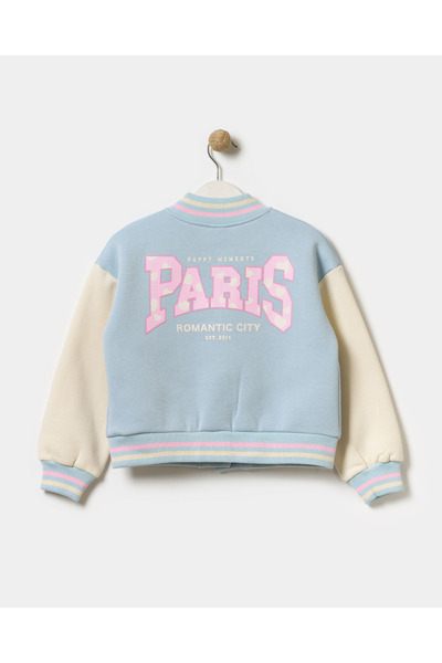 Minipodyum Girl's Paris Sloglan Built-In Embroidered Snap Front Closure Bomber College Jacket
