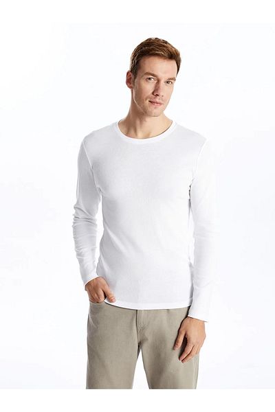 LC Waikiki Lcwaikiki Basic White Crew Neck Long Sleeve Combed Cotton Men's T-Shirt