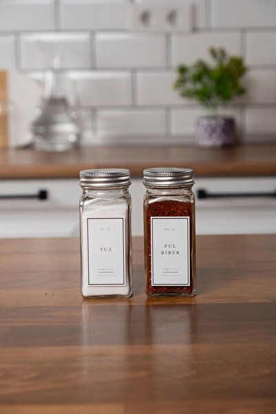 EVLE 2'li Cam Baharatlık Seti Kapaklı Etiketli Baharatlık Takımı