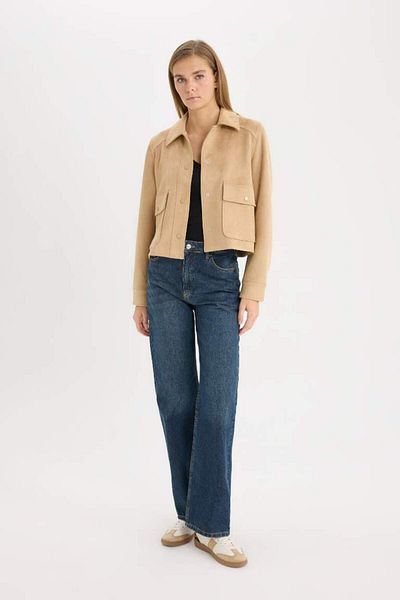 DeFacto Νέα σεζόν Regular Fit Polo Collar Basic Plain Suede Jacket με τσέπες