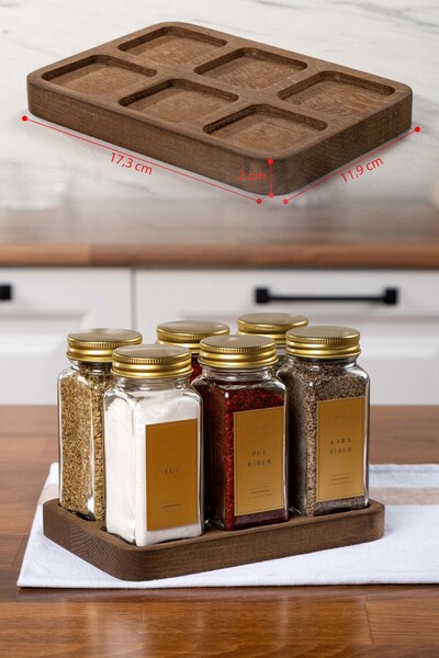 EVLE 6-Piece Square Wooden Stand Spice Rack Gold Lid-Labeled Glass Spice Rack Set