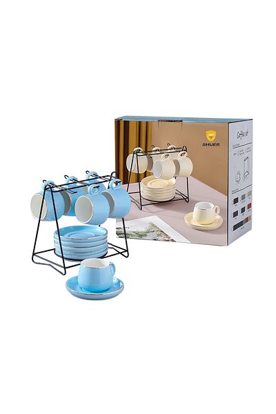 sharpdo 125ml Ceramic Round Handle Six Cup And Saucer Set With Iron Frame