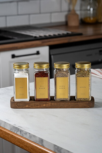 EVLE Set of 4 Glass Spice Racks with Wooden Stand Gold Lid Labeled Spice Rack Set