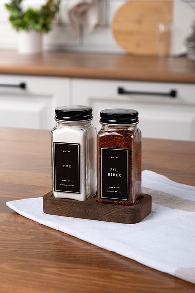 EVLE Set of 2 Glass Spice Rack with Wooden Stand, Black Labeled Spice Rack with Lid