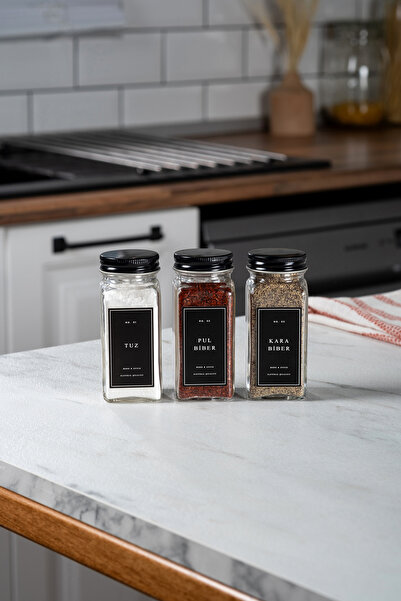 EVLE Set of 3 Glass Spice Jars with Black Lid and Label Spice Jars