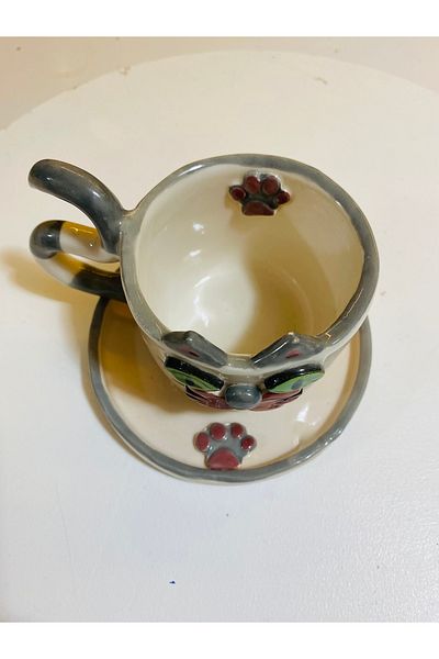 Banuart Handmade Ceramic Coffee Cup with Gray Cat