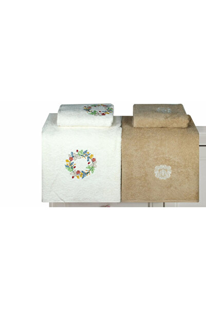 Taç Pamuk Hamam Havlu Seti Venini Ekru-camel