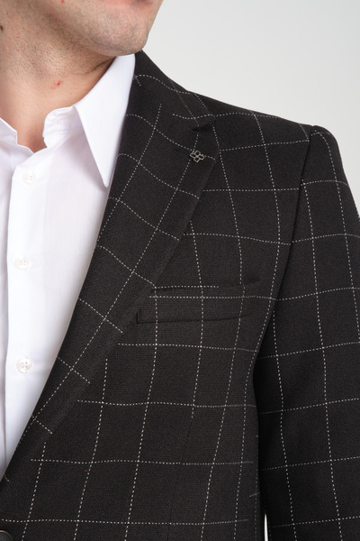 Frappoli Paridee Erkek Siyah Ekose Battal Büyük Beden Mono Yaka Dar Kesim Blazer  Spor Ceket