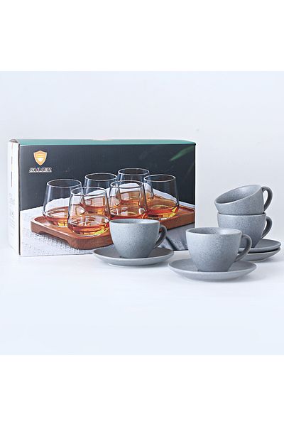 sharpdo 200 ml Grey Variegated Point Ceramic Glaze Craft Coffee Cup And Saucer