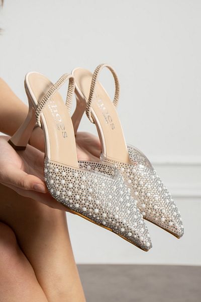 Miss Ezze Transparent Stone Embroidered Women's Heeled Evening Dress Shoes