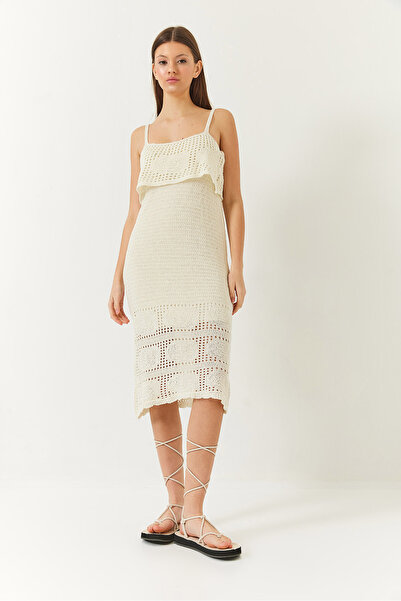 Bianco Lucci Women's Floral Detailed Strap Openwork Fold Detailed Knitwear Dress 60261407