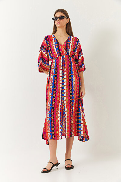 Bianco Lucci Γυναικείο φόρεμα με διπλό στήθος V λαιμόκοψη με λεπτομέρεια με σχισμή μπροστά 60261411