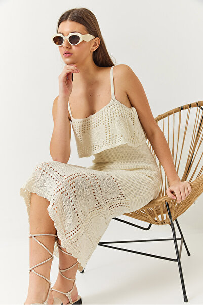 Bianco Lucci Women's Floral Detailed Strap Openwork Fold Detailed Knitwear Dress 60261407