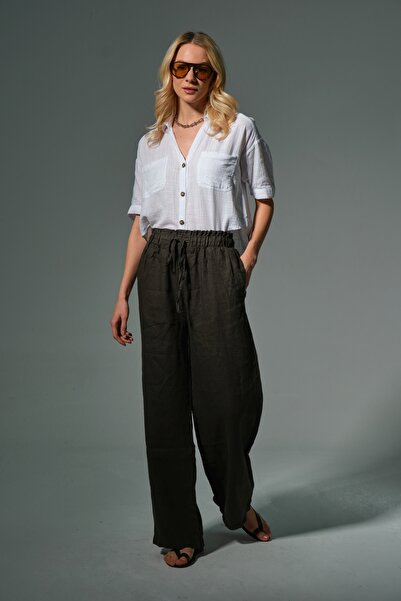 Maule Brown 100% Linen Wide Leg Loose Cut Lace up Elastic Women's Trousers @Leon