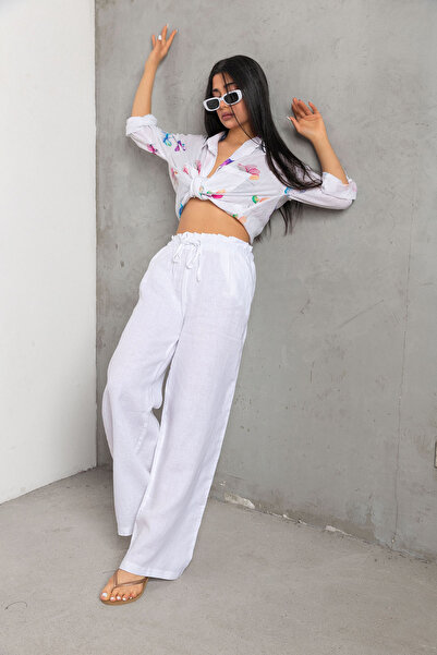 Maule 100% Linen Wide Leg Loose Fitting Lace up Elastic Women's Trousers @Leon