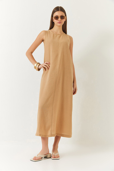 Bianco Lucci Women's Thick Strap Back Button Detailed Summer Linen Dress 353 60261430