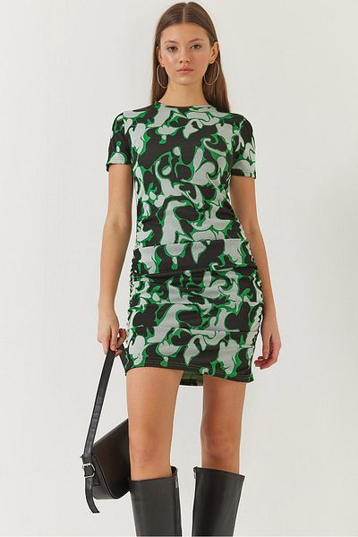 Bianco Lucci Women's Short Sleeve Print Dress with Side Drawstring Detail 60261385