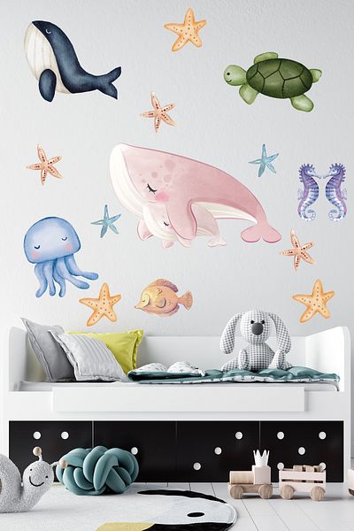 Tilki Dünyası Cute Mother Whale and Her Baby - Sea Creatures Kids Room Wall Sticker