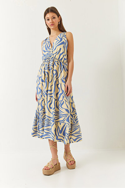 Bianco Lucci Women's Double Breasted Neckline Elastic Waist Back Rope Tie Print Dress 60261428