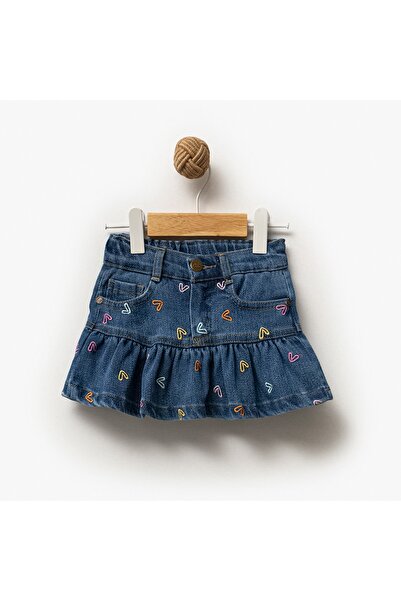 GLR KİDS Kız Çocuk Kalp Nakış Işlemeli Kot Etek Belden Ayarlamalı
