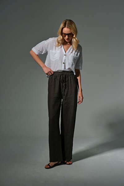 Maule Brown 100% Linen Wide Leg Loose Cut Lace up Elastic Women's Trousers @Leon