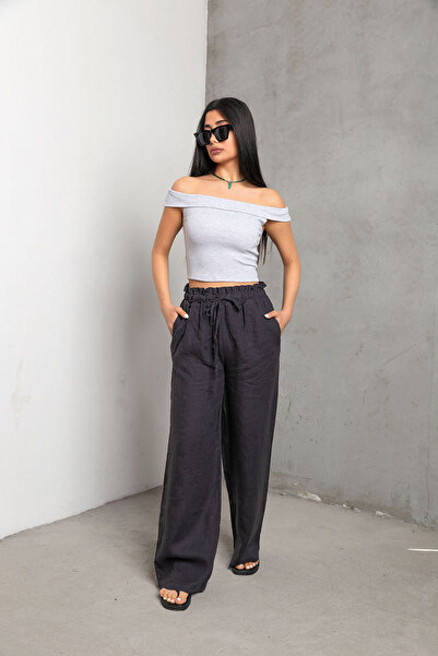 Maule 100% Linen Wide Leg Loose Fitting Lace up Elastic Women's Trousers @Leon