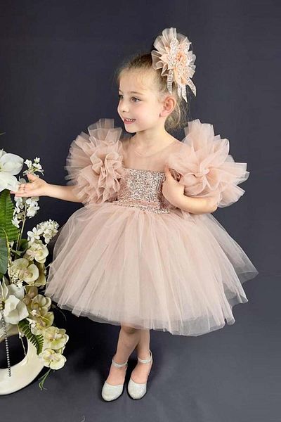 Le Mabelle Powder Sequined Girls' Dress with Accessory Detail - Balenca