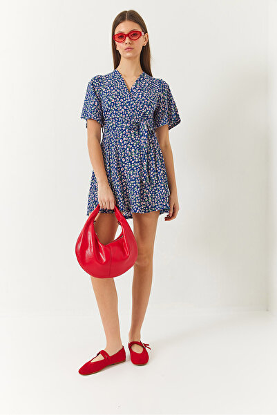 Bianco Lucci Női, kétsoros hajtóka, pillangós ujjú, öves rövidnadrág, nyomott miniruha 60261415