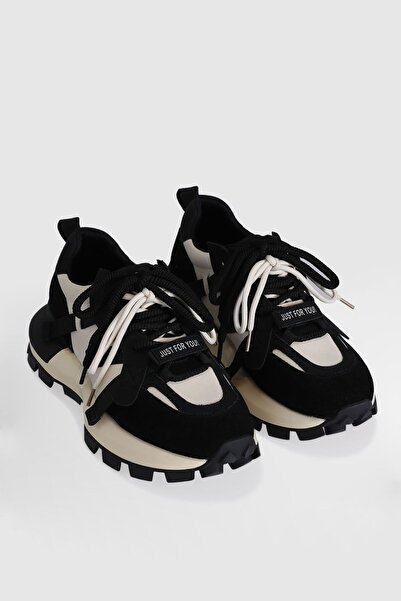 Lufian Hakiki Deri Bağcıklı  Model Kadın Sneaker Siyah Beyaz Ayakkabı