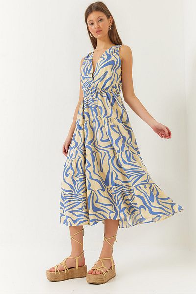 Bianco Lucci Rochie de damă cu decolteu dublu, cu talie elastică, cu șnur la spate, cu imprimeu 60261428