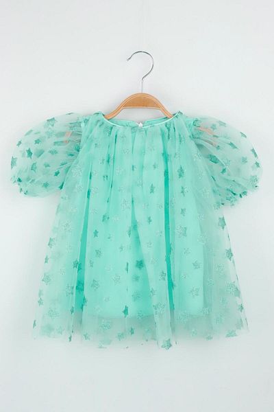 Le Mabelle Mint Star Printed Watermelon Sleeve Girls' Dress - Mandy