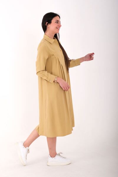 Blues Outlet KADIN YANLARDAN PLİSELİ GENİŞ KESİM ELBİSE-HARDAL