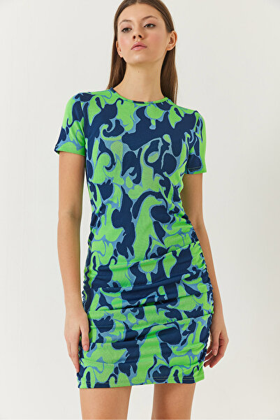 Bianco Lucci Rochie cu mânecă scurtă cu imprimeu pentru femei, cu detaliu cu șnur lateral 60261385