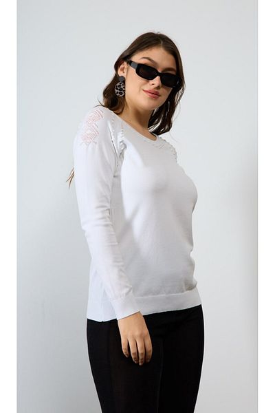 Coşkun GİYİM Bluză pentru femei, cu decolteu, din viscoză, poliester, tricotaje gofrate, ALB B7082