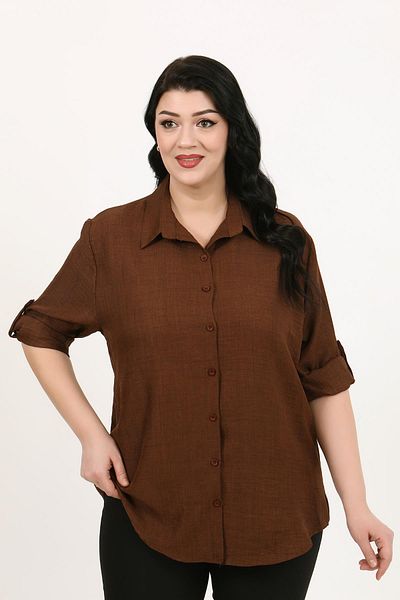 By Alba Collection Women's Dark Tan Soft Linen Large Size Shirt